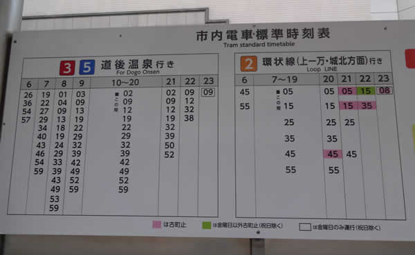 伊予鉄道の路面電車　大街道駅の時刻表